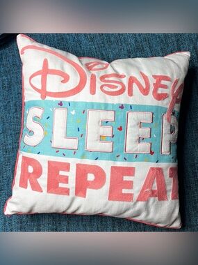 Disney Sleep Repeat Embroidered 18" x 18" Throw Pillow White Pink Blue Sprinkles